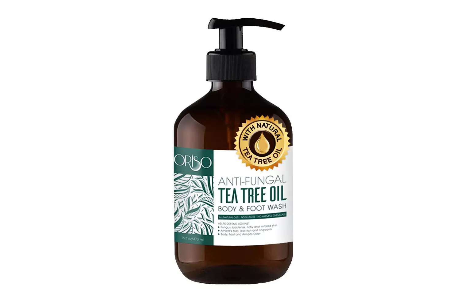Brown pump bottle of ORISO Anti-Fungal Tea Tree Oil Body and Foot Wash.
