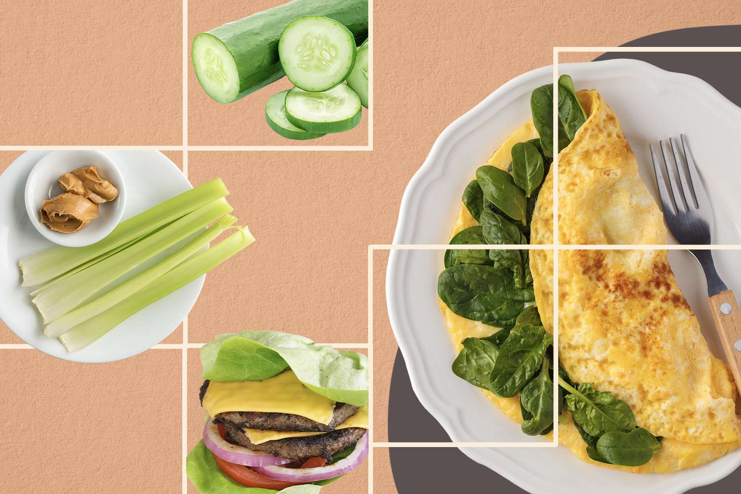 A collage of low-carb food items including an omelette, celery with peanut butter, and a lettuce-wrapped burger.