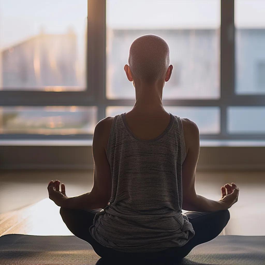 A woman practicing gentle yoga poses on a mat in a bright, indoor setting.