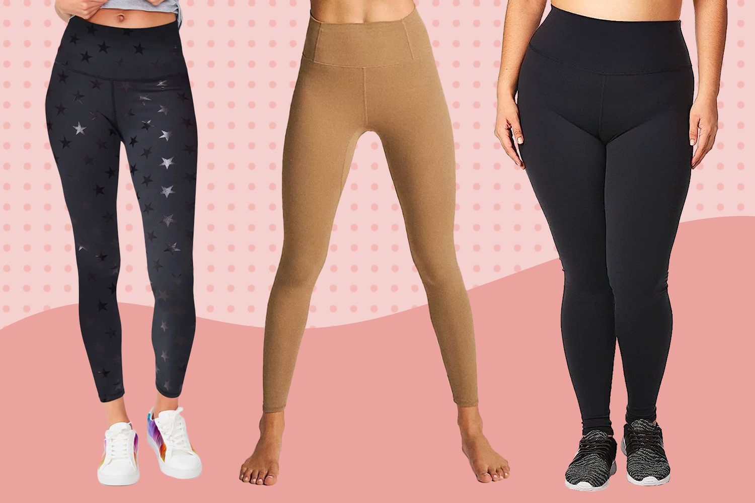 Three women of different body types and ethnicities modeling high-waisted athletic leggings.