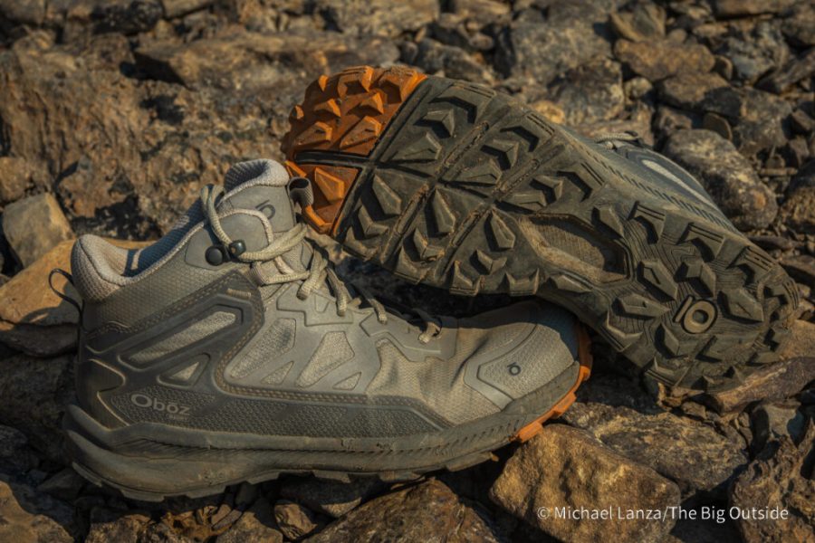 Close-up of durable Oboz Katabatic Mid Waterproof hiking boots for children.