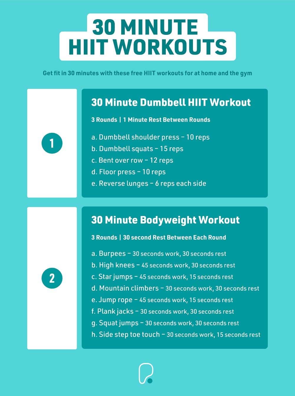 Infographic showing various HIIT exercises for a 30-minute session.