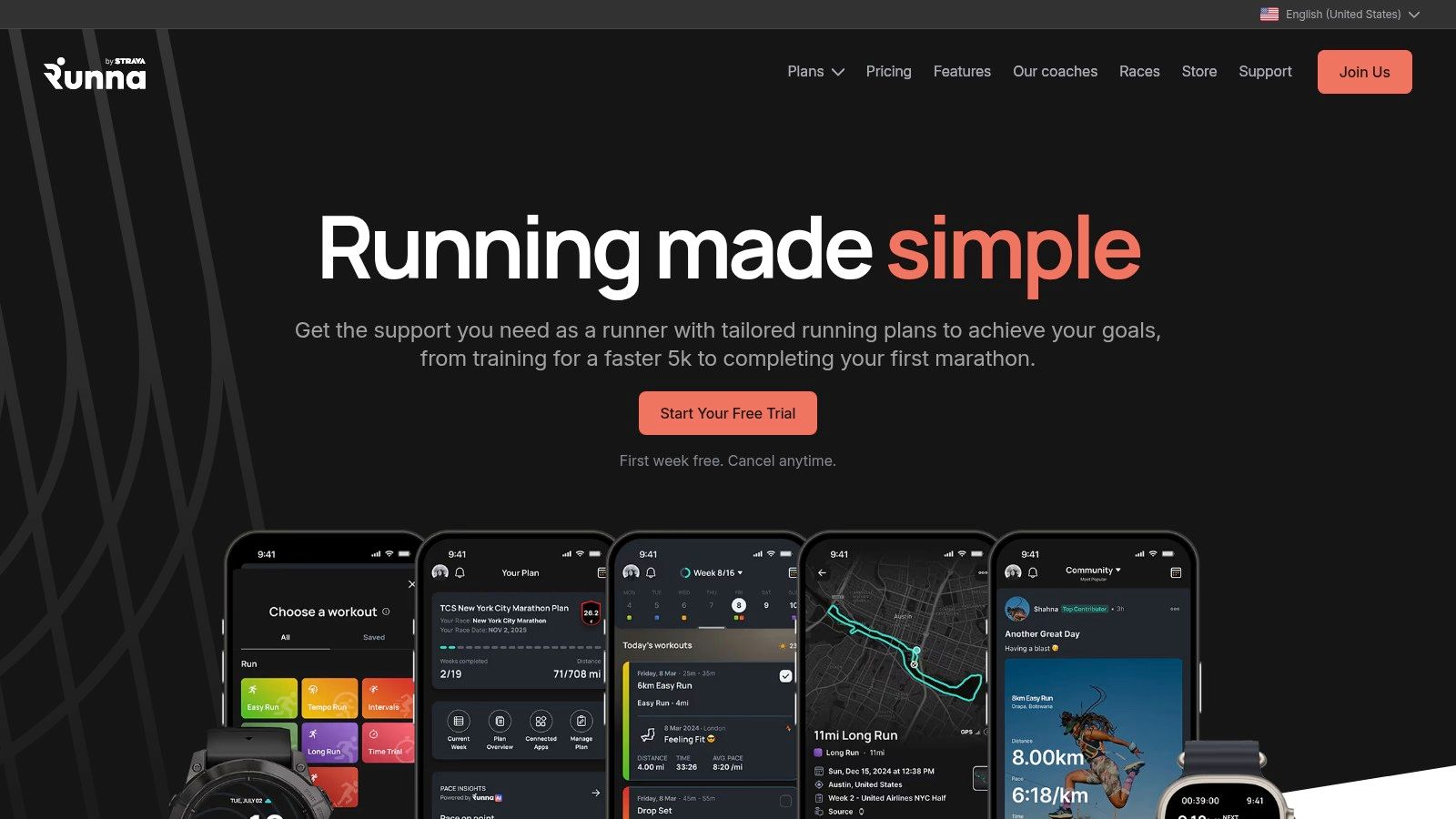 Runna app interface displaying a detailed weekly race training schedule.