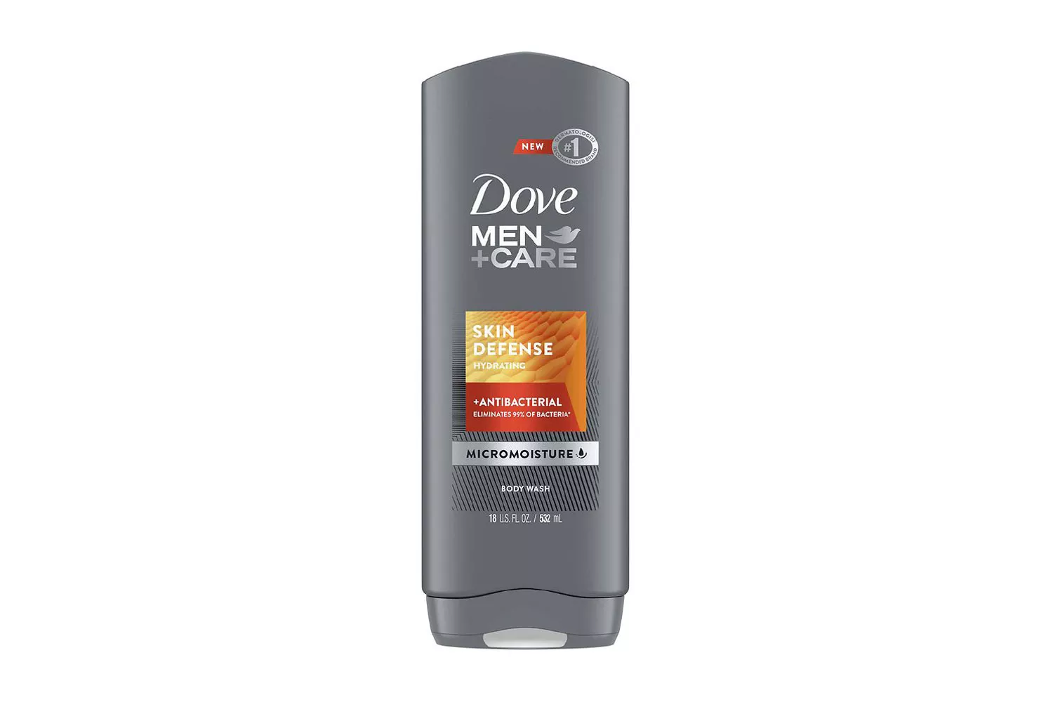Dove Men+Care Skin Defense Hydrating Antibacterial Body Wash bottle in gray.