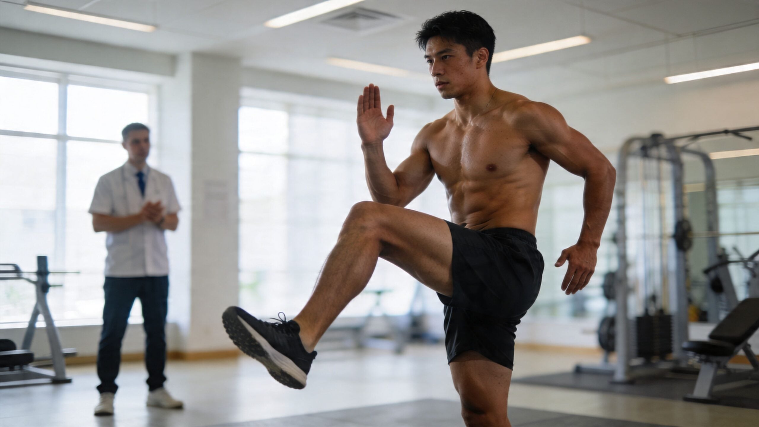 An athletic man performs high-knee exercises under the supervision of a therapist in a clinical gym setting.