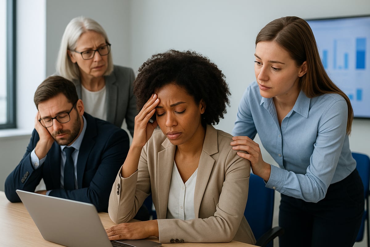 Colleagues in a modern office exhibiting visible signs of stress and mental fatigue.