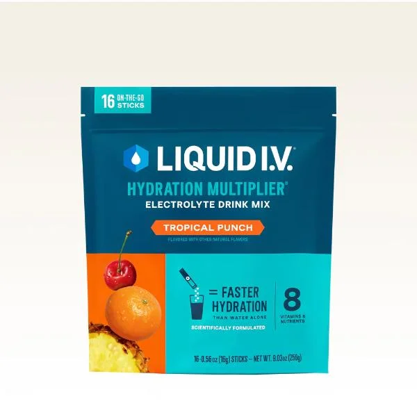 Multiple packets of Liquid I.V. Hydration Multiplier on a clean surface.
