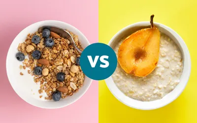 A split-screen comparison showing a bowl of granola with blueberries versus a bowl of oatmeal with a poached pear.