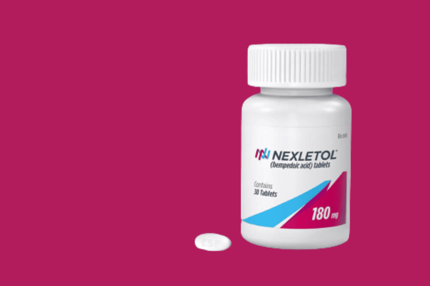 A professional photograph of a Nexletol medication bottle set against a vibrant red background.