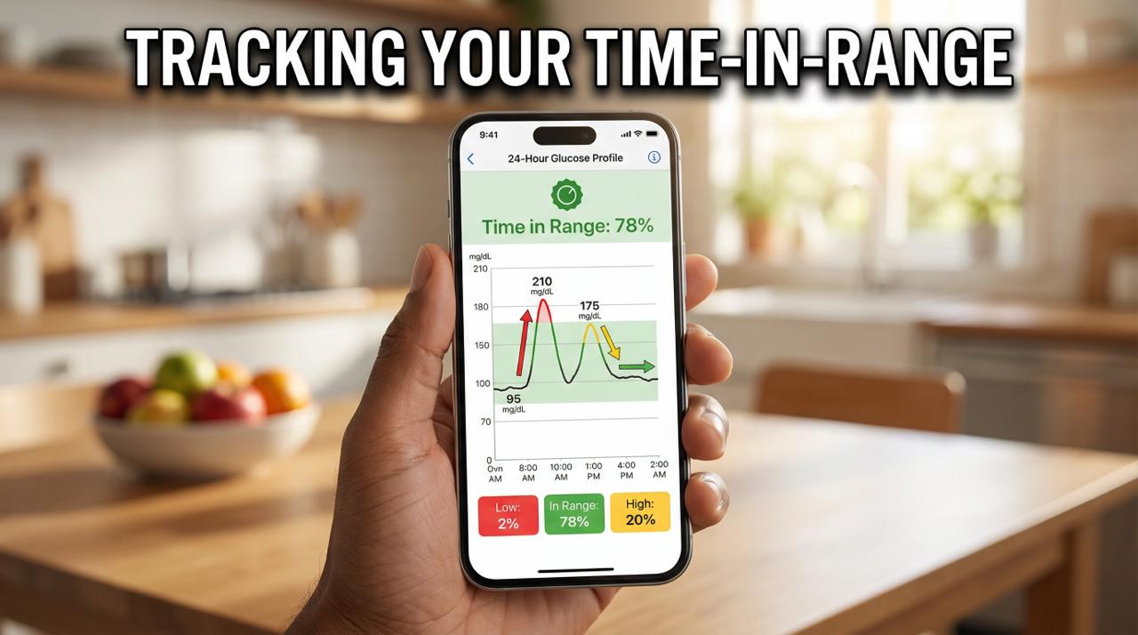 A smartphone screen displaying a glucose trend graph with a green 'Time in Range' percentage indicator.