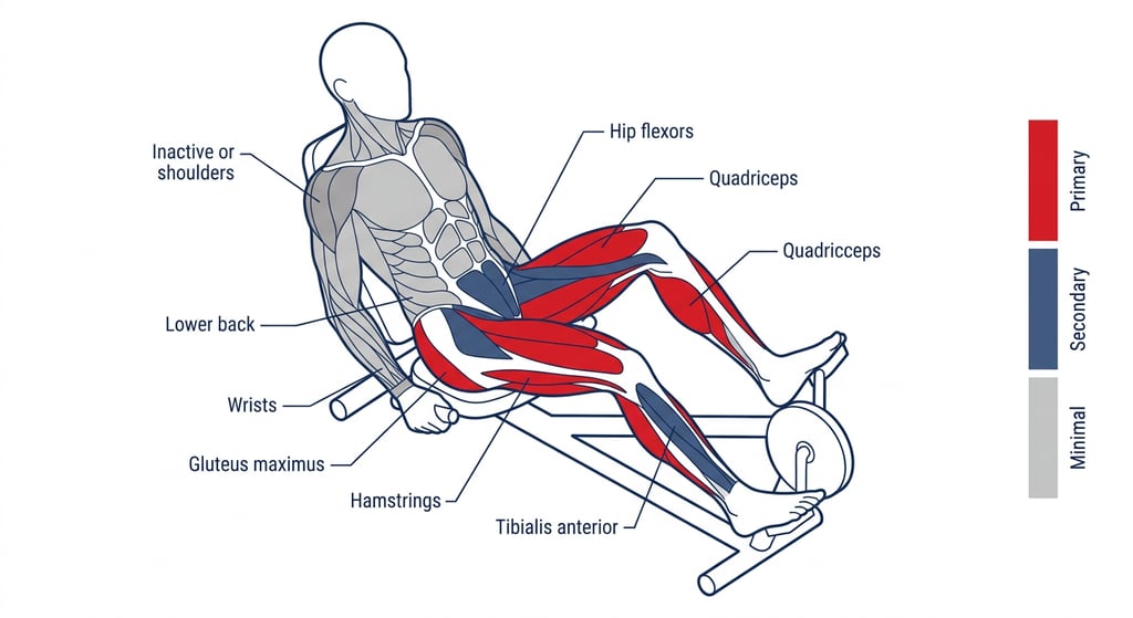 Anatomical diagram highlighting the glutes, hamstrings, and quadriceps muscles activated during recumbent cycling.