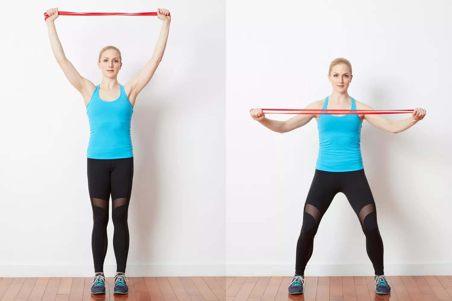 A woman demonstrating overhead arm extensions and lateral pulls using resistance bands in a studio.