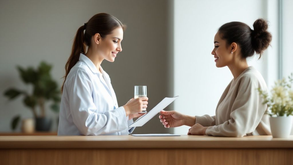 A woman smiling and holding a glass of water, looking refreshed